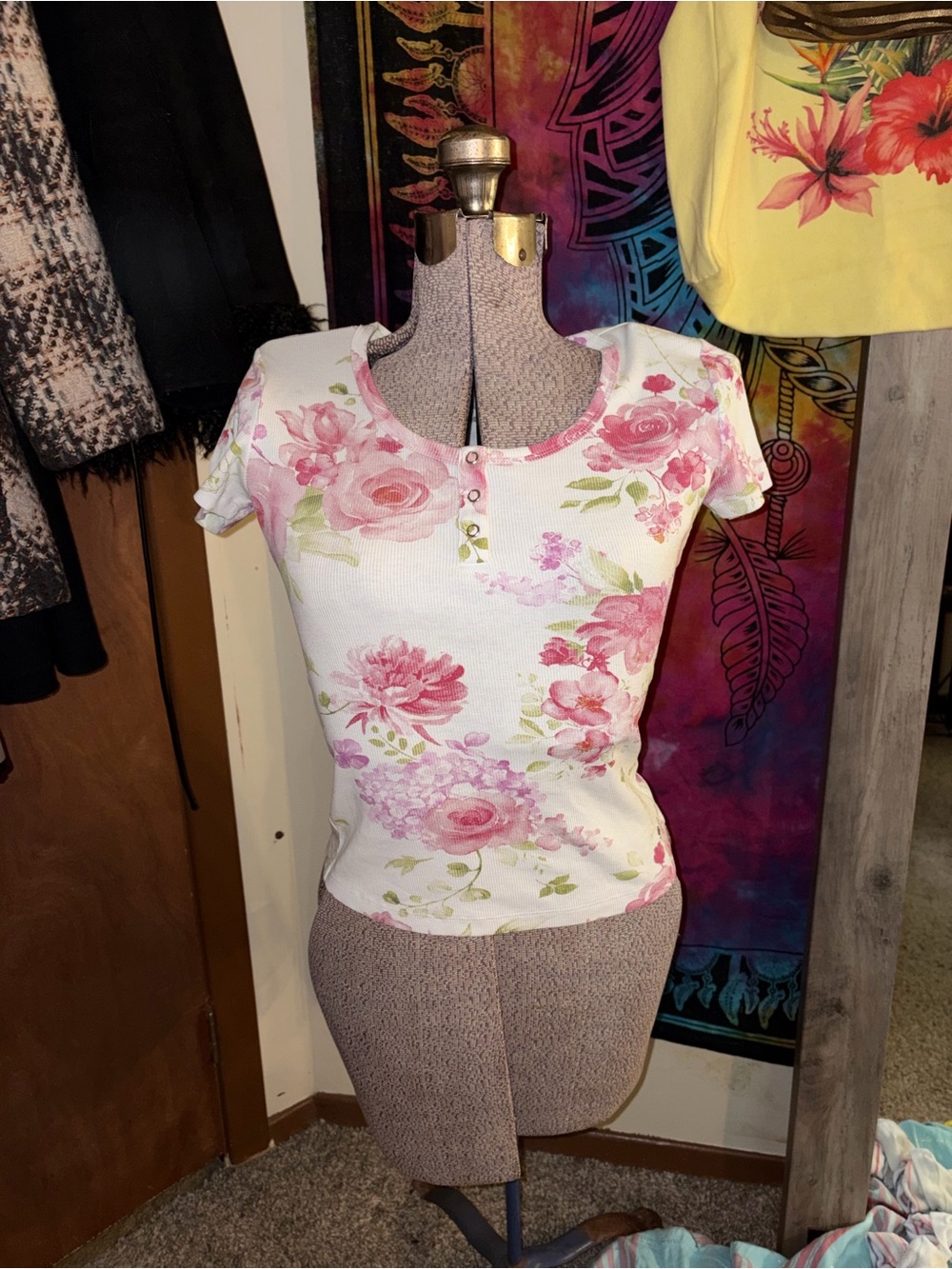 Guess White Short Sleeve Henley Top with Pink Floral Print